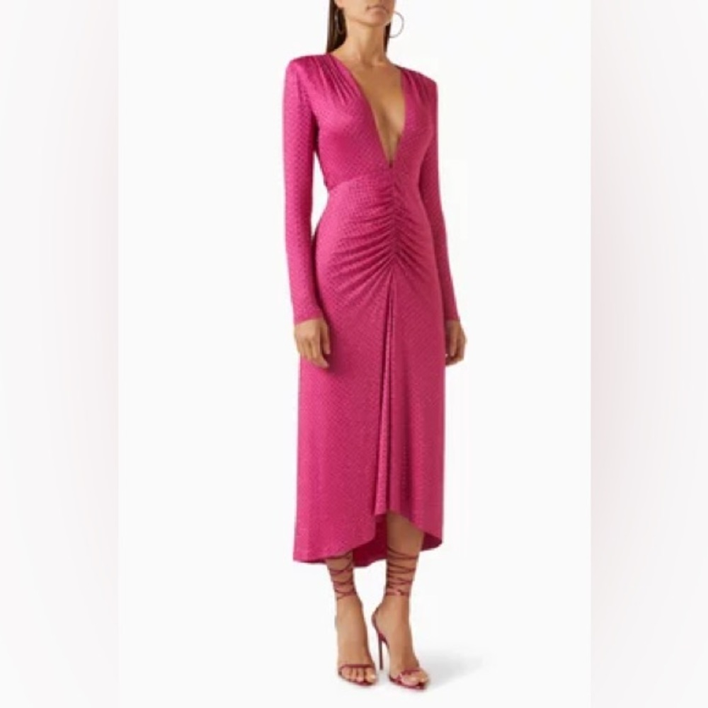 Veronica Beard Kiah Rhinestone Plunge Neck Long Sleeve High-Low Maxi Dress